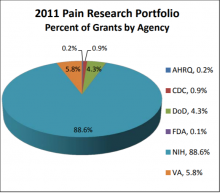 2011 Pain Research Portfolio; Percent of Grants by Agency.  NIH: 88.6%.  VA: 5.8%.  DOD: 4.3%. CDC: 0.9%. AHRQ: 0.2%. FDA: 0.1%.