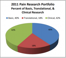 2011 Pain Research Portfolio; Percent of Basic, Translational & Clinical Research.  Basic: 40%. Transitional: 18%.  Clinical: 42%